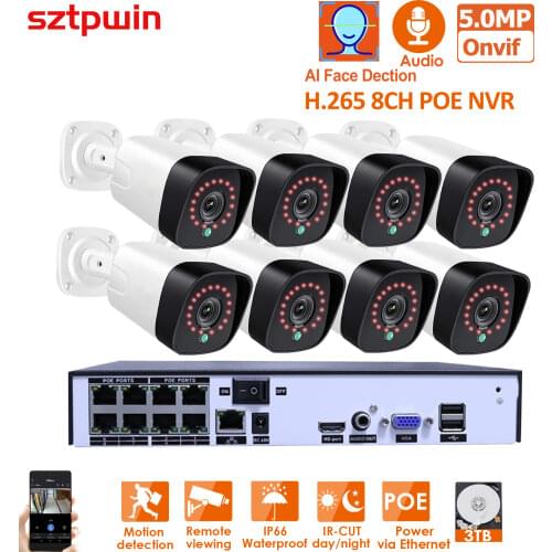 H.265+ 8CH 5MP POE Security Camera System Kit Audio Record Rj45 5MP IP Camera Outdoor Waterproof CCTV Video Surveillance NVR KIT