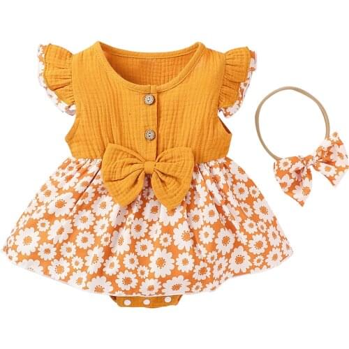 New Summer Kids Girl Dresses Newborn Infant Baby Girls Summer Cotton Linen Bow Floral Romper Dress Bodysuit Vestidos платье 2021
