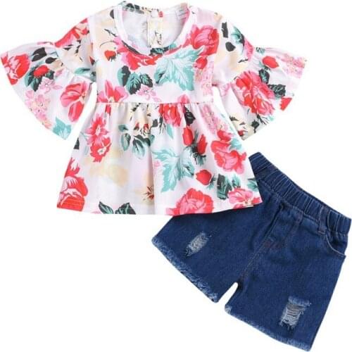 2019 Summer Toddler Kids Baby Girls Set Clothes Cotton Flower Print Short Sleeve Tops+ Denim Shorts Suits