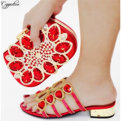 Red Color African Women Shoes and Bag Set Decorated With Rhinestone Italian Slippers With Purse Handbag Sandals CR0730 Heels 3CM