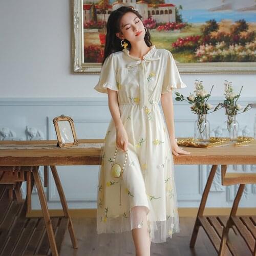 SWEETXUE 2021 Summer Embroidered Bow Lace-up Mesh Patchwork Dress Women Sweet Cute Fashion Party Elegant Dress Korean