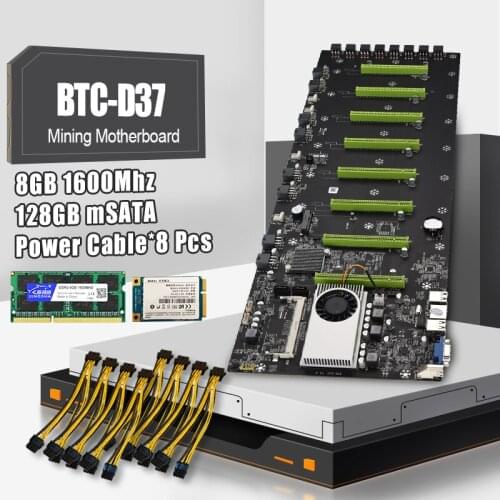 New D37 8 GPU Bitcoin Crypto Ethereum Mining Motherboard Set with 8GB DDR3 1600MHz RAM 1037U 128GB mSATA SSD Power Cable