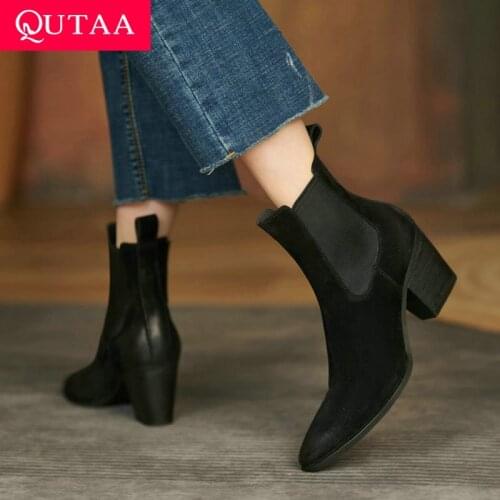 QUTAA 2022 Ankle Boots Leather Square High Heel Fashion Short Boots Autumn Winter Pointed Toe Slip On Women Shoes Size 34-39