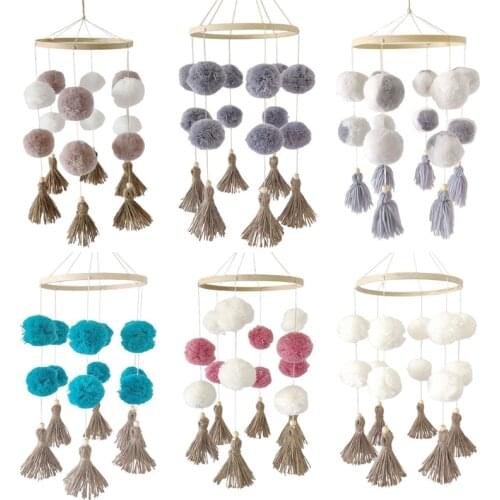 Nordic Baby Crib Wooden Mobile Rattle Colorful Pom Pom Plush Ball Tassels Wind Chimes Hanging Toy Nursery Room Decoration