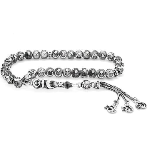 Tesbihane Each Them the Moon the stars Embroidered Wrist Size Globe Cut 925 Sterling Silver Prayer Beads