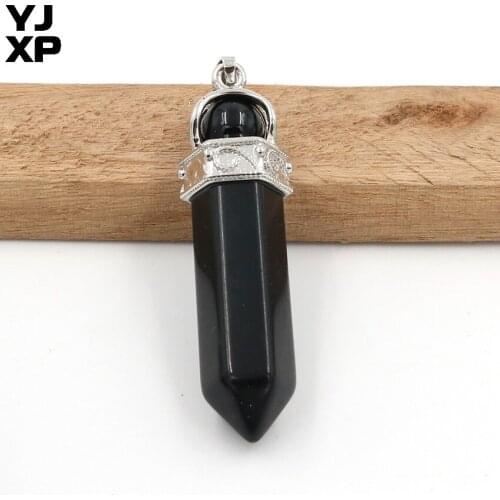 YJXP Hexagonal Column Pendant Natural Black Agates Yoga Balancing Reiki Healing Wand Stick Stone Pendants Charm Jewelry 1 Pcs