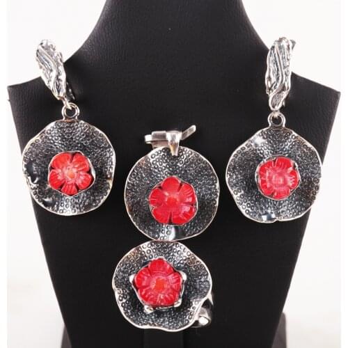 UM US JEWELRY Coral Gemstone 925 Sterling Silver Triple Set