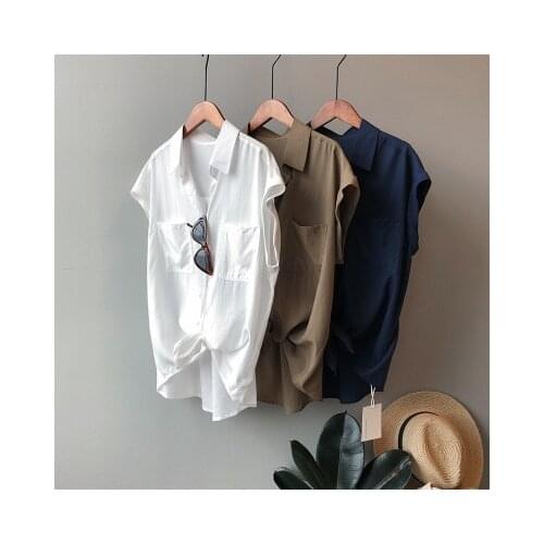 2021 Summer New Women Shirt Office Fashion OL Style Leisure Loose Straight Lapel Sleeveless Women White Shirt Top