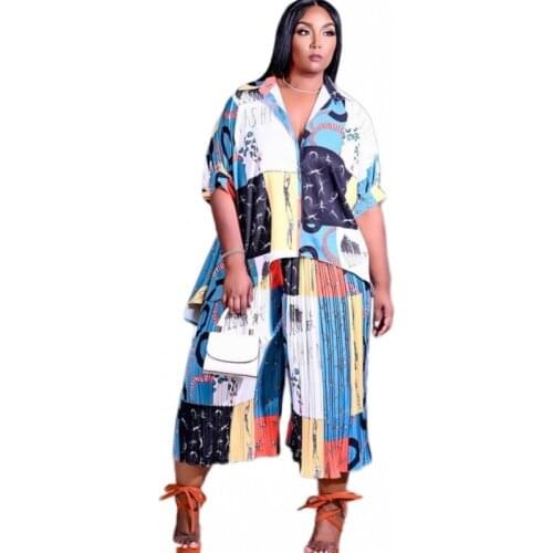 4XL Plus Size 2 Piece Set Women Fashion Print Short Sleeve Shirt Tops Outfits 2021 New Streetwear Office Lady Pleated Pant Suits