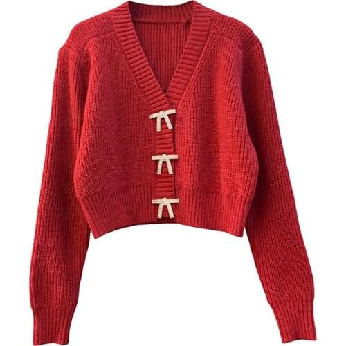 PERHAPS U Women Red White Black Solid Sweater Knitted Long Sleeve V Neck Single-breasted Cardigans Bow Diamond M0466