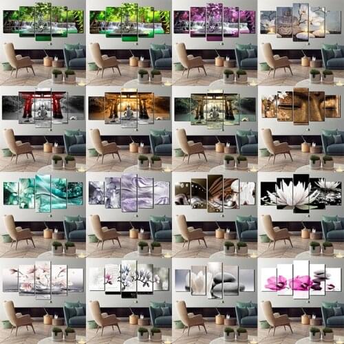 5Pcs Religious Buddha Statue & Flower Decoration Painting For Family Living Room Dining Room Background Wall Hotel Canvas Paint