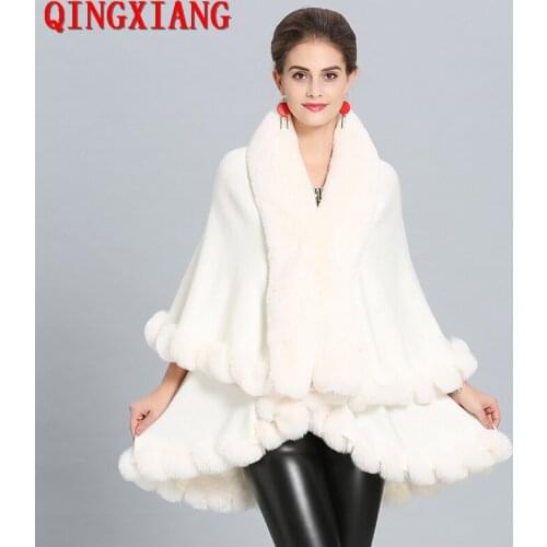 10 Colors 2020 Sample Black Poncho Big Faux Fox Fur Neck Cloak Red Open Stitch Long Two Layers Tufted Fur Knitted Outside Coat