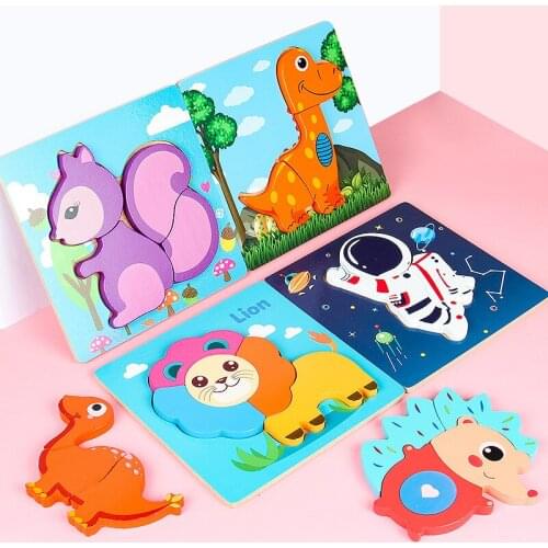 New Sale Baby Wooden 3D Puzzle Kids Cartoon Dinosaur Animal Wood Jigsaw Baby Learning Educational Toys For Children Holiday Gift