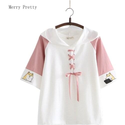 Women Hooded T Shirts Cartoon Dog Print Lace Up Cotton T Shirt Korean Style Tops 2021 Summer Fashion Cute Sweet Ladies Tee Shirt