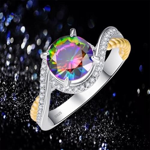J.C Round Cut Mystic Rainbow & White Topaz 925 Sterling Silver Gold Ring Size 6 7 8 9 Women Dazzling Fine Jewelry Gift