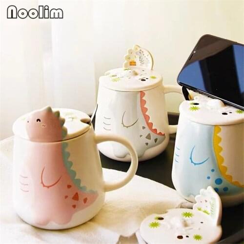 Ceramic Large Capacity Cute Dinosaur Coffee Mug with Lid Spoon Cartoon Breakfast Milk Mug Couple Drinking Cup Drinkware 500ML