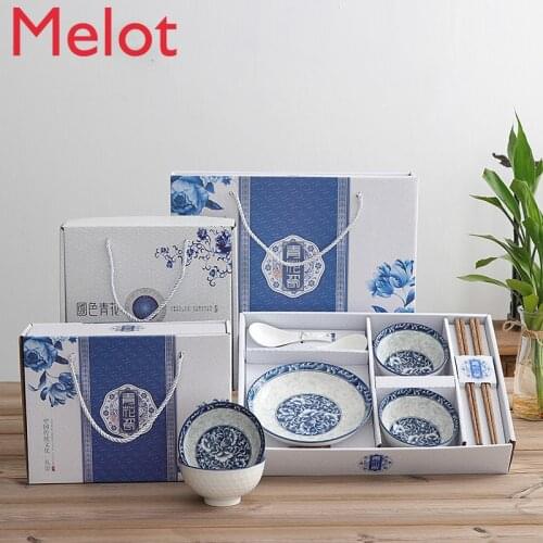 Chinese Style Blue and White Porcelain Tableware Household Ceramic Bowl Plate Chopsticks Spoon Chinese Style Gifts Bowl PlateSet
