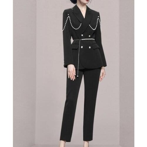 ZAWFL Vintage Loose Women Trousers Suits Full Sleeve Double Breasted Jacket & Wide Leg Pants Ladies 2 Pieces Blazer Set 2021