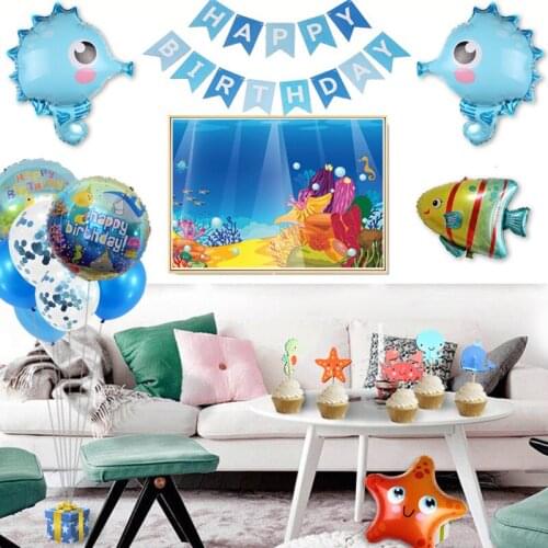Ocean Party Supplies Set-Blue Ocean Pool Party Decoration Boy Children Birthday Banner Sign Balloon Tableware Bag Tablecloth Pla