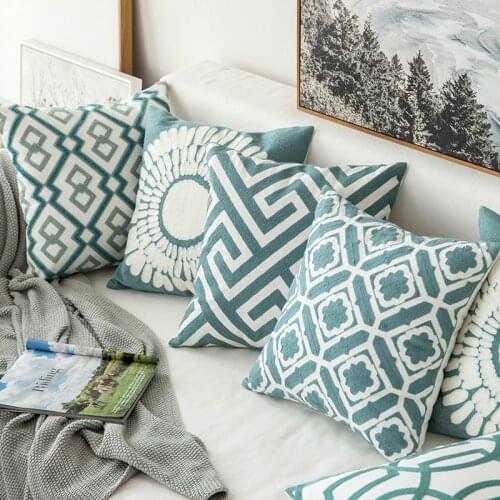 Lake Green Pillowcase Cotton 45*45cm Canvas Embroidered Geometric Wool Embroidered Sofa Pillowcase Bedroom Cushion Pillow