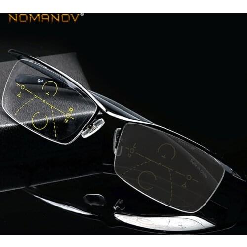 NOMANOV = Photochromic Grey Intelligence Progressive Multifocal Reading Glasses Bifocal Add +75 TO +3.5 Titanium Alloy Eyebrow