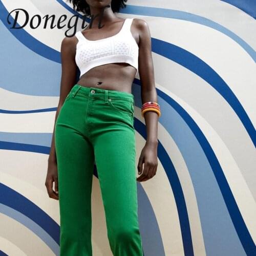 2021 New Spring and Autumn Female Green Flare Pockets Cargo Fashion All-match High waist Denim Pants Women Vintage jeans ZA