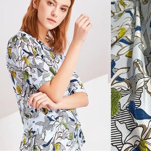 1 Meter Clear Light Blue Stripes Printing, Silk Crepe De Chine Fabric, Shirt, Dress Feel Good