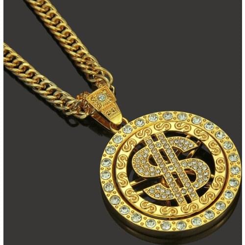 Hip Hop Stainless Steel Iced Out Pave Cubic Zirconia US Dollar Money Pendant With Chains Gold Color Hip Hop Necklace Jewelry