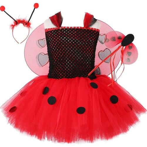 Lady Beetle Tutu Dress Tulle Baby Girl Birthday Party Clothes Wing Insect Girls Fancy Dress Up Halloween Costume for Kids 1-14Y