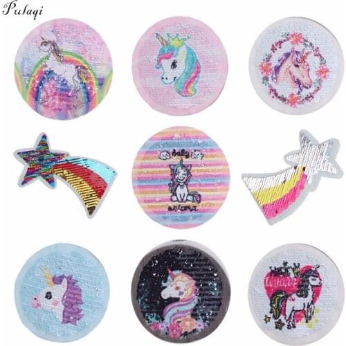 Pulaqi Sequin Unicorn Rainbow Sew On Patches For Clothes Cartoon Cute Girls Patch DIY Applique For Kids Women Decor Acessories F