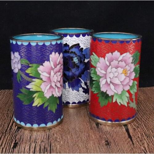 Handmade Polished Enamel Filigree Pen Holder Table Ornaments Office Desk Decoration Chinese Cloisonne Copper Pencil Case Gifts