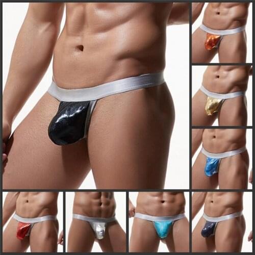 Sexy U Convex Pouch Men Underwear Light Silk Imitation Leather Thong Briefs Nightclub Show G String Gay Panties Lovers Bikini