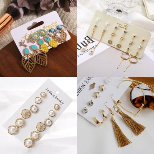 Bohemian leaf Applepine Rhinestone Crystal Geometric Pearl Tassel Earrings Stud Elegant For Women Girls Earrings Set Jewelry