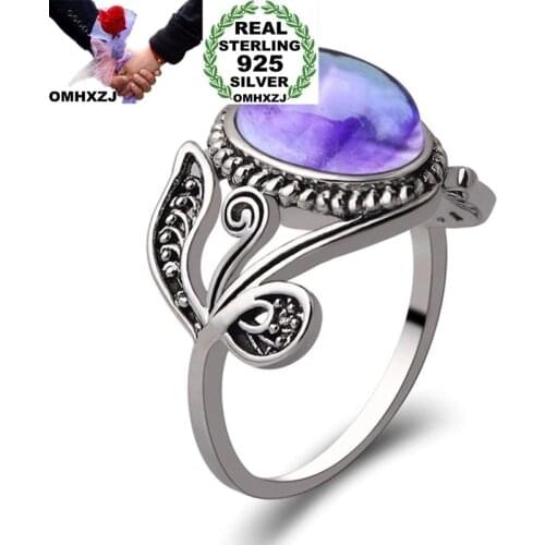 OMHXZJ Wholesale European Fashion Woman Man Party Wedding Gift Silver Purple Amethyst Taiyin Ring RR309