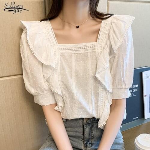 2021 French Square Collar Summer Blouse Women with Lace Casual Short Sleeve Lace Up Women Shirts White Female Clothing 13760