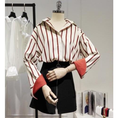 Womens spring autumn Long sleeve red stripe shirt female casual loose basic OL Shirt plus size tops Blouse TB464