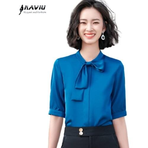 Bow Tie Chiffon Shirt Women 2021 New Half Sleeve Fashion Temperament Stand Collar Formal Slim Blouses Office Ladies Work Tops