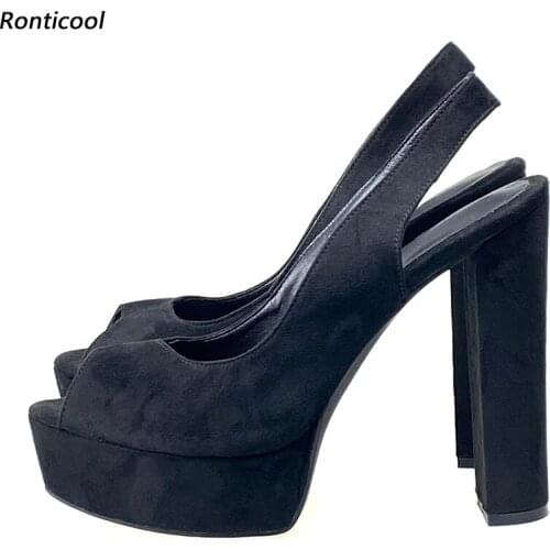 Ronticool 2021 Handmade Women Summer Platform Sandals Suede Unisex Block Heels Peep Toe Elegant Black Party Shoes US Size 5-20