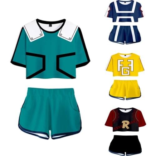 3D Anime My Hero Academia Womens Two Piece Sets Popular Exposed Navel t shirt and Shorts Casual Summer Cosplay Outfit Suits