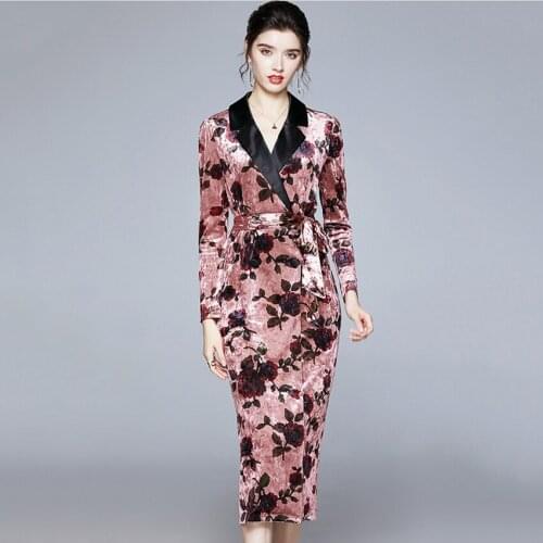 Designer Dresses Runway 2020 High Quality Rose Floral Velvet Dress Winter Long Sleeve Notch Neck Office Midi-calf Bodycon Dress