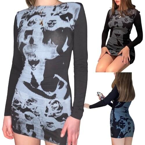 Harajuku Gothic Print Dress Women Long Sleeve Slim Fit Tight Bodycon Dress E-girl Punk Graphic Summer Skinny Clothes New