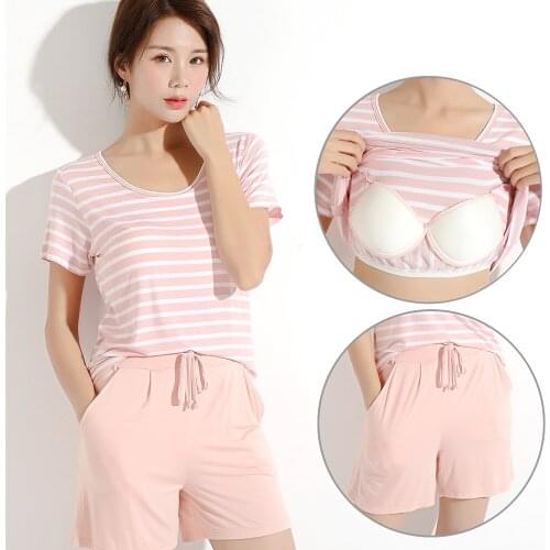 2021Summer Womens Pajamas Modal Striped with Chest Pad Casual Home Wear Pajamas for Women Sleepwear Sleep Tops Pijamas Women