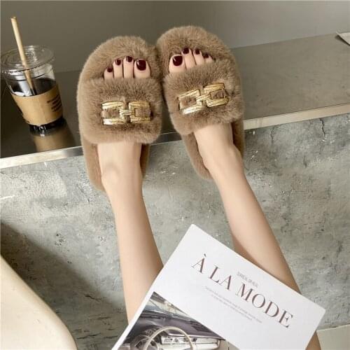 2021 Winter Double-layer Fox Fur Comfortable and Casual All-matched Strap Slippers Outdoor Flat-bottomed Non-slip Women Sandals