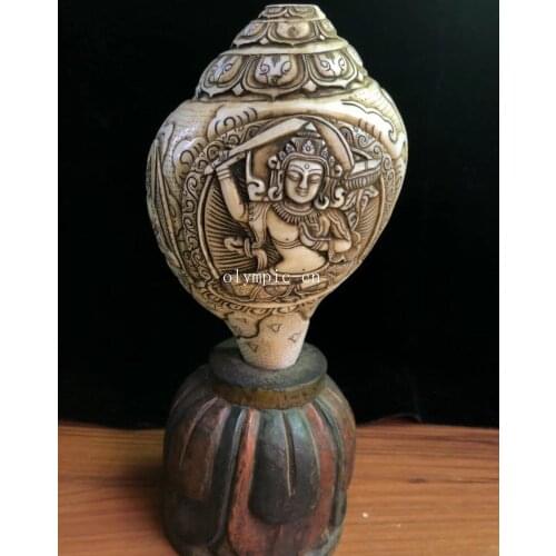 7'' Nepal tibet natural conch sea snail handwork buddhism hold sword Manjusri