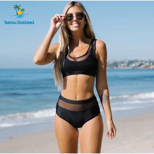 Beachsissi Womens Summer Solid 2 Layer Mesh Swimsuits 2021 Bikinis High Waist Swimwear Beachwear Bathing Suits Swimming Bikini