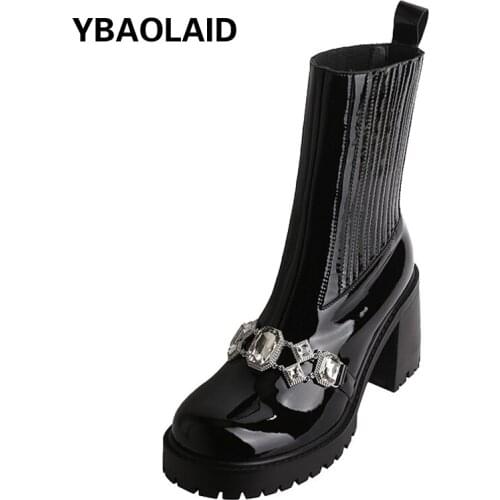Round Toe Elastic Surface Thick High-heeled Fashion Boots for Fall/winter 2021 New Rhinestone Chain Platform Ankle Boots