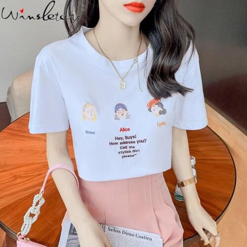 Summer 2021 Design T-shirt Women Print Embroidery Cotton O-neck Short Sleeve Cartoon Cute Preppy Style Casual Tops Tees T17509A