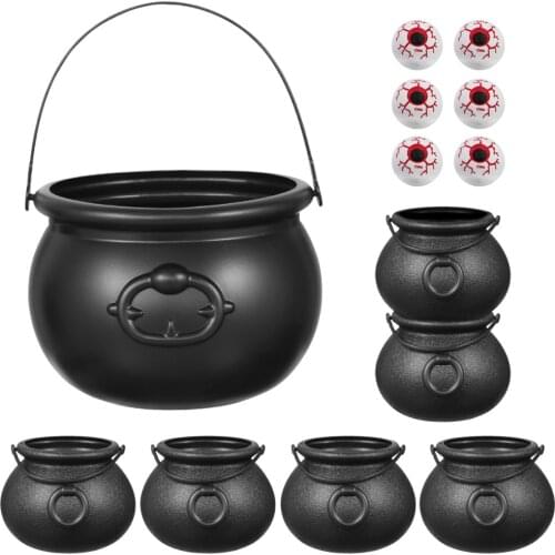 Hemoton Halloween Candy Buckets Set 7PCS Black Cauldron 6PCS Eyeballs Candy Bucket Kettle Halloween Party Favors Decoration