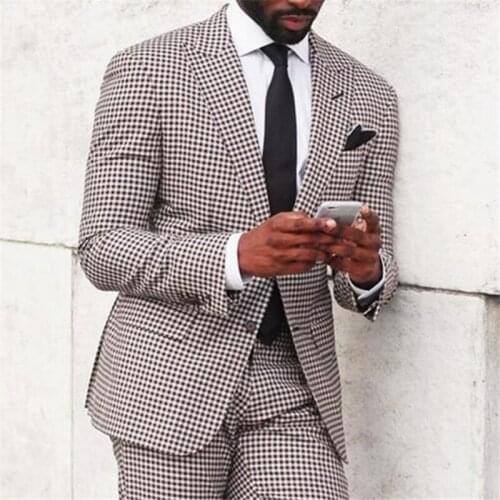 Houndstooth Costume Homme Mens suits 2 Pieces(Jacket+Pants+Tie) Groom Tuxedos Groomsmen Wedding Party Man Suit Blazer Fashion