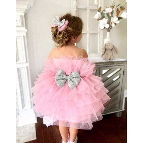 Lovely Pink Tulle Ruffle Flower Girls Dresses Girls Pink Birthday Party Dresses Celebration Party Dresses Bow Back Custom